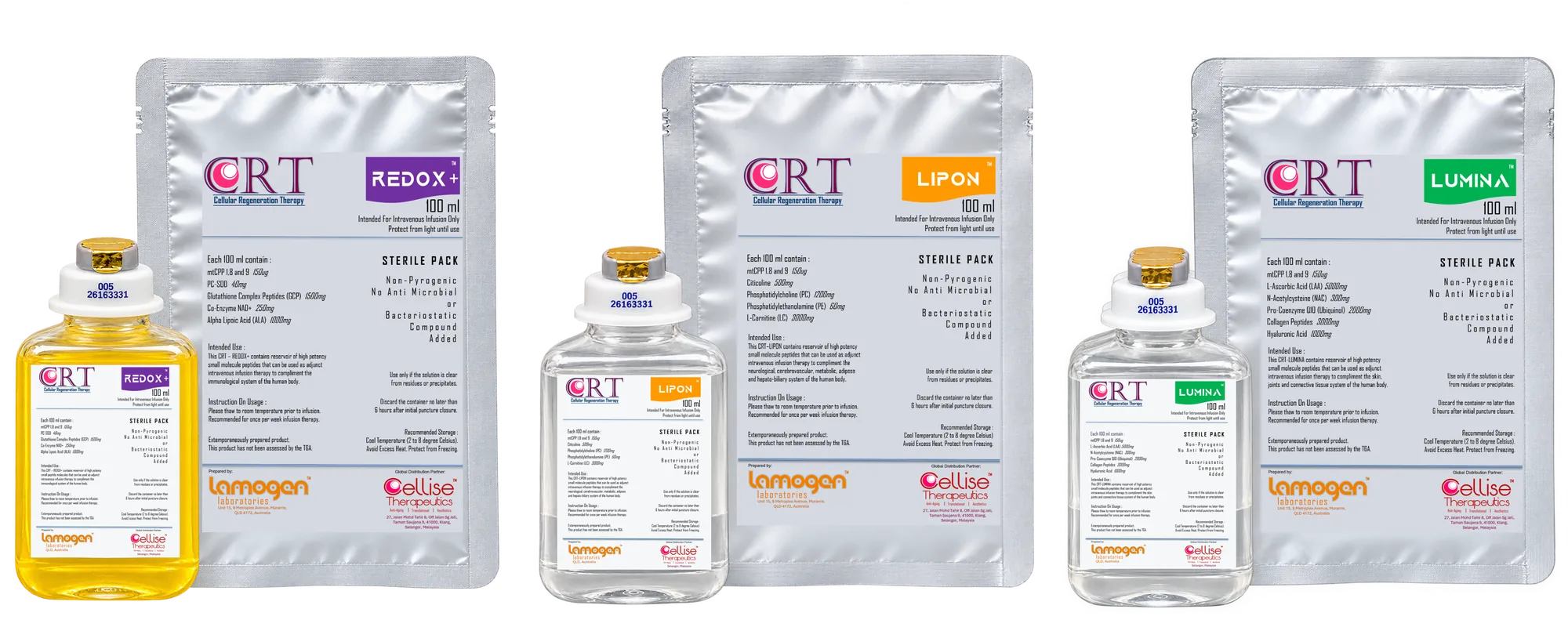 REDOX+, LIPON and LUMINA infusion bottles, each standing in front of its labelled foil pack