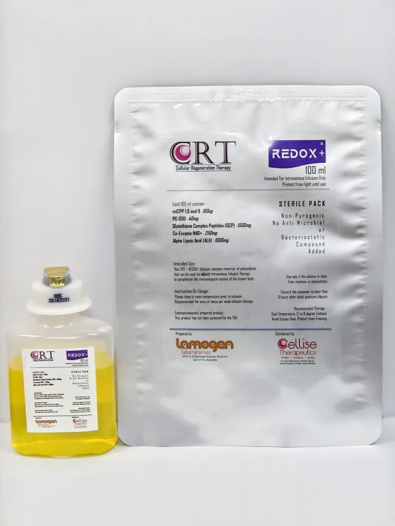 REDOX+ bottle of yellow solution beside its foil pack